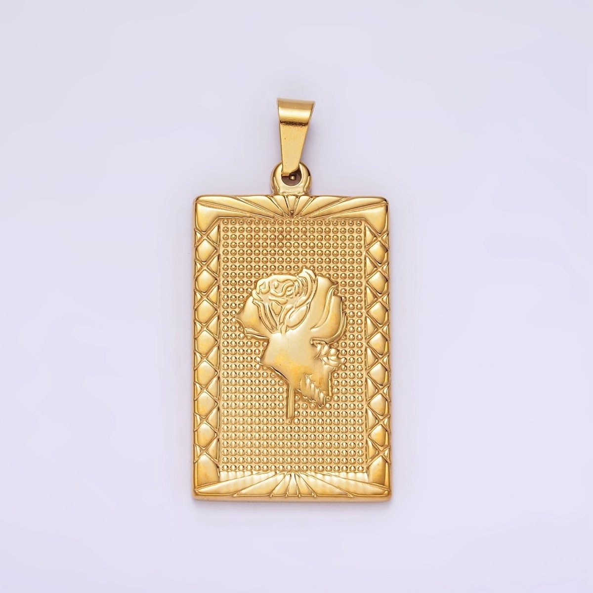 Stainless Steel Rose Flower Line-Textured Rectangular Tag Pendant in Gold & Silver | P1050 P1051 - DLUXCA