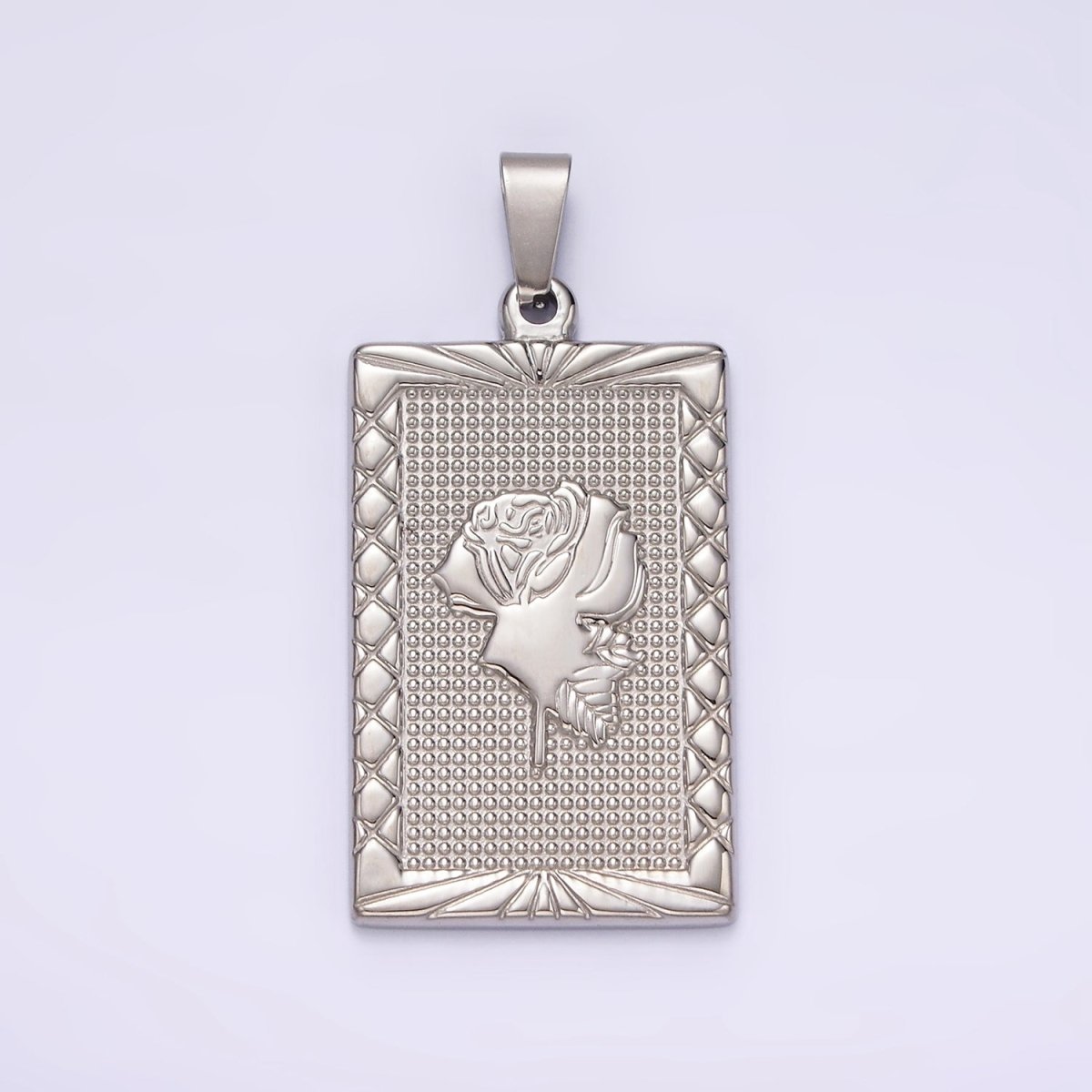 Stainless Steel Rose Flower Line-Textured Rectangular Tag Pendant in Gold & Silver | P1050 P1051 - DLUXCA
