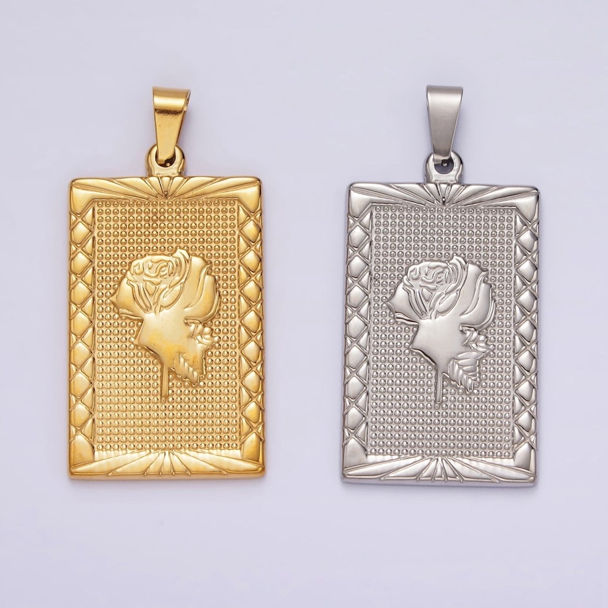 Stainless Steel Rose Flower Line-Textured Rectangular Tag Pendant in Gold & Silver | P1050 P1051 - DLUXCA