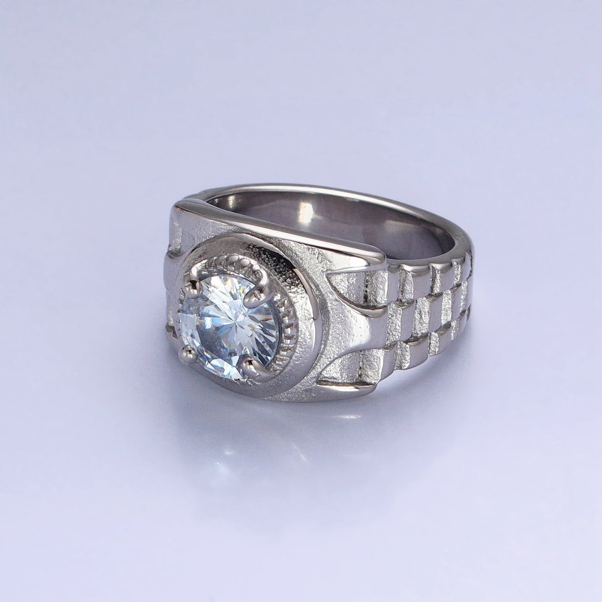 Stainless Steel Round Clear CZ Solitaire Checkered Signet Ring in Gold & Silver | O-1954 O-1955 O-1956 O-1957 - DLUXCA