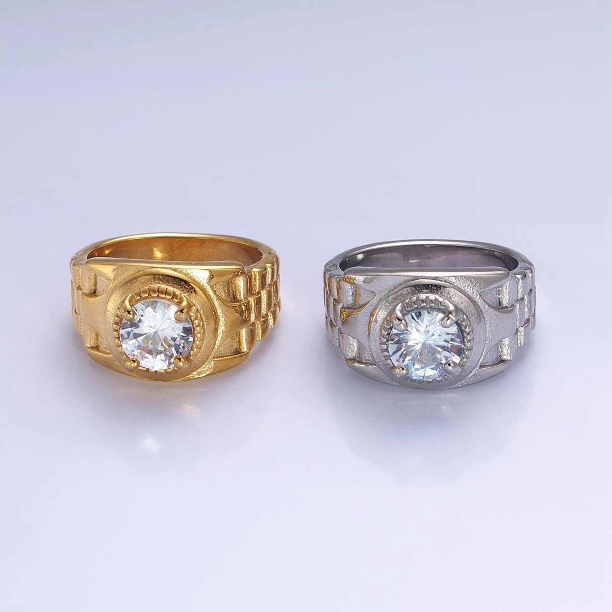 Stainless Steel Round Clear CZ Solitaire Checkered Signet Ring in Gold & Silver | O-1954 O-1955 O-1956 O-1957 - DLUXCA