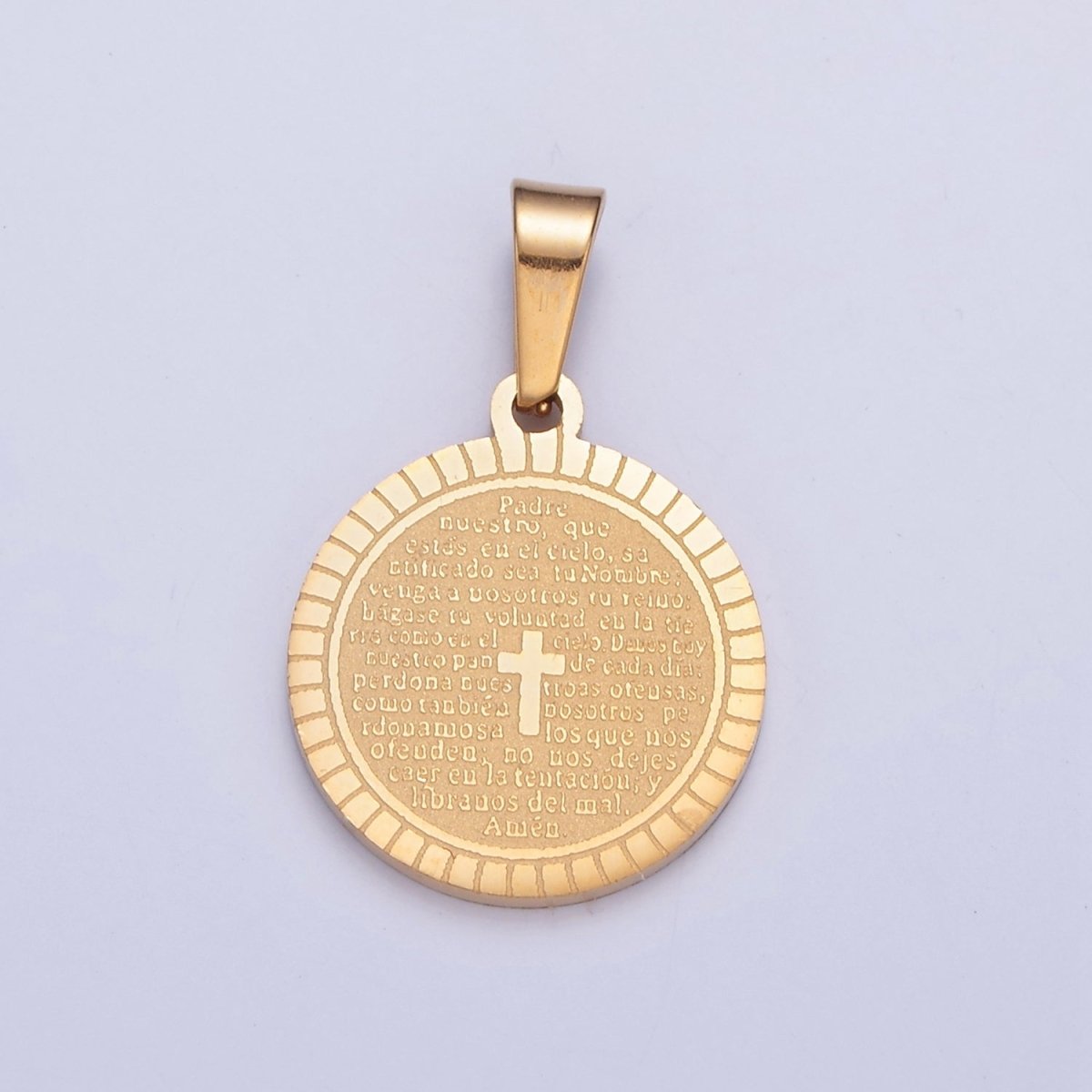 Stainless Steel Round Medallion, The Lord's Prayer in Spanish, Religious Cross in Silver & Gold I-439 I-444 - DLUXCA