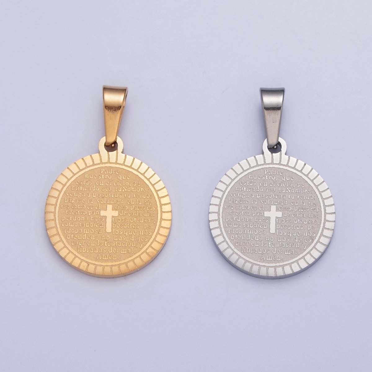 Stainless Steel Round Medallion, The Lord's Prayer in Spanish, Religious Cross in Silver & Gold I-439 I-444 - DLUXCA