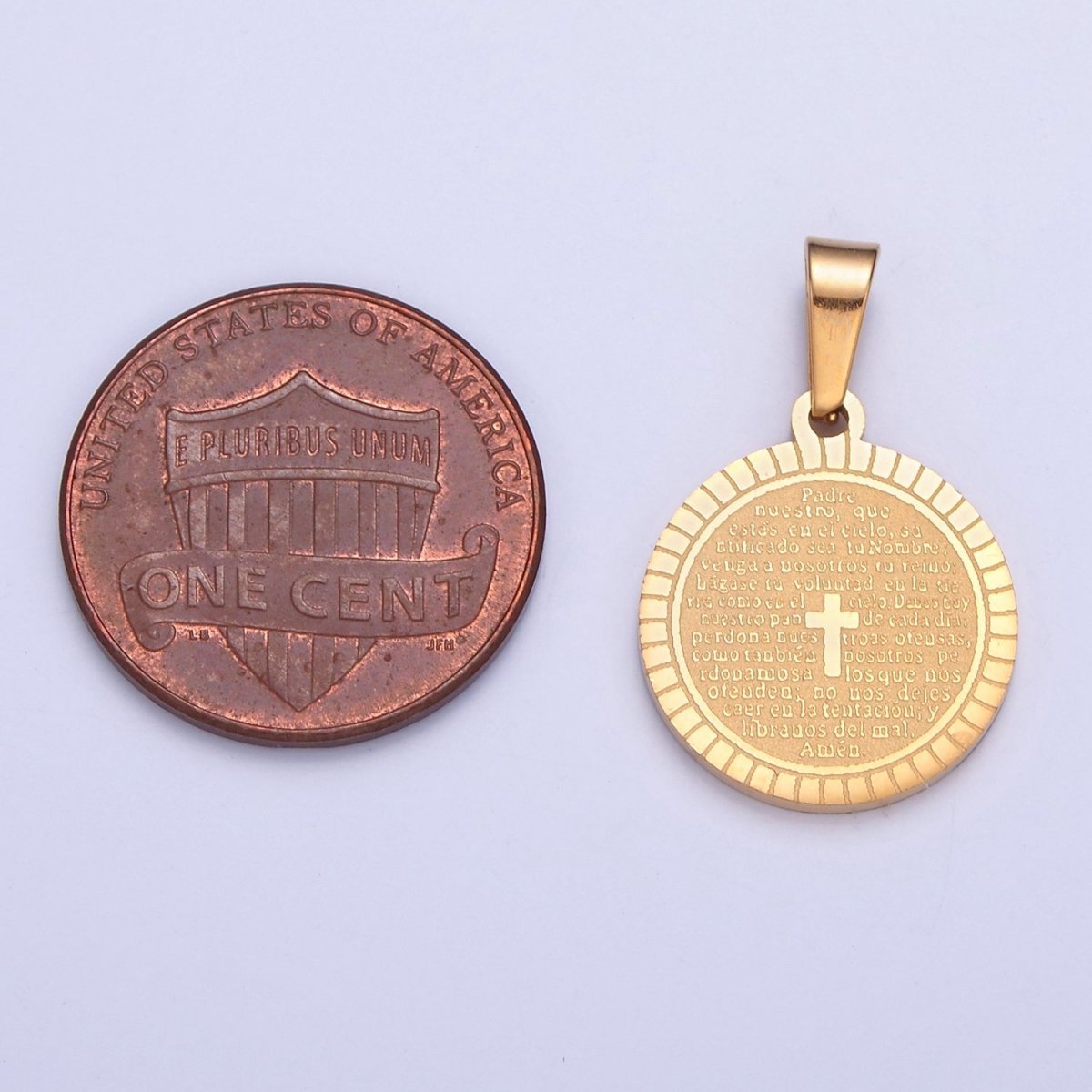 Stainless Steel Round Medallion, The Lord's Prayer in Spanish, Religious Cross in Silver & Gold I-439 I-444 - DLUXCA