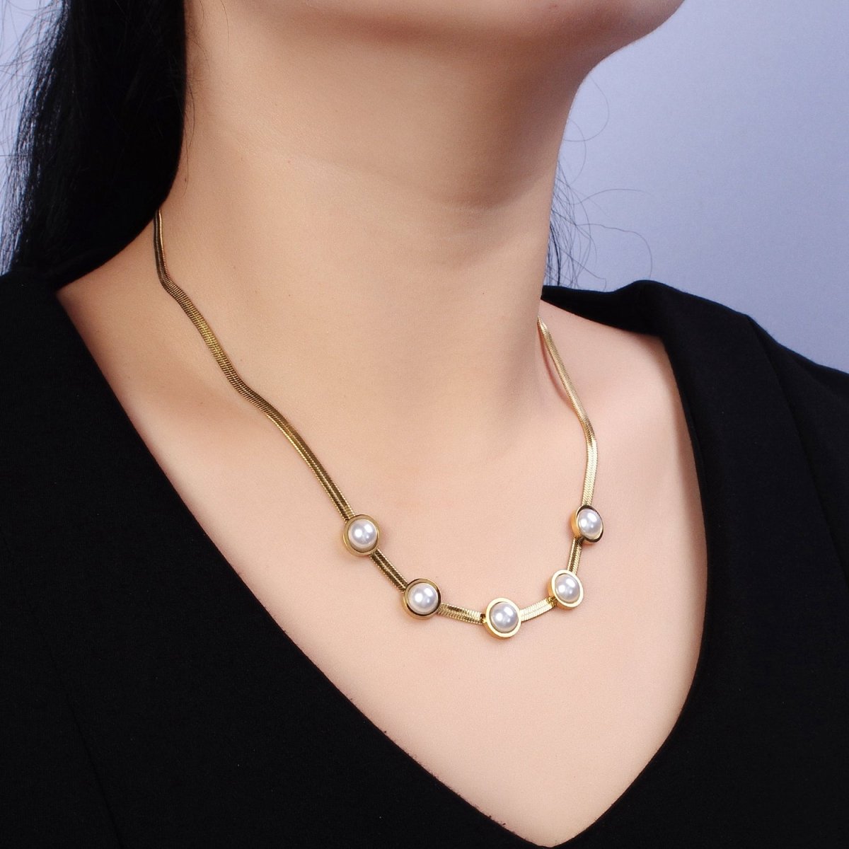 Stainless Steel Rounded Pearl 3mm Herringbone Snake 16 Inch Choker Geometric Chain Necklace | WA-1630 Clearance Pricing - DLUXCA