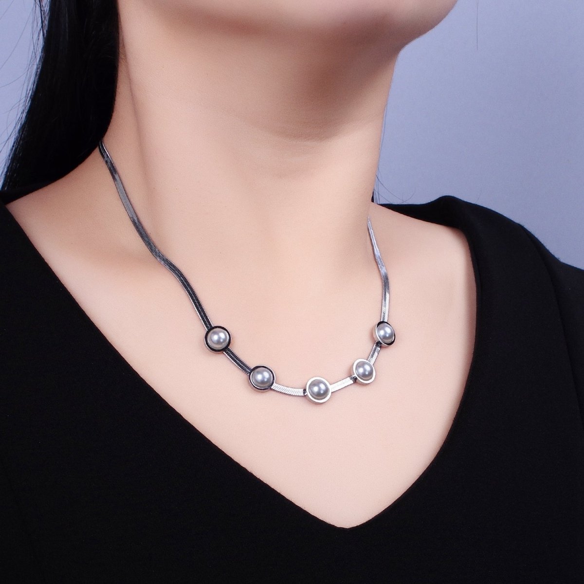 Stainless Steel Rounded Pearl 3mm Herringbone Snake 16 Inch Choker Geometric Chain Necklace | WA-1714 Clearance Pricing - DLUXCA