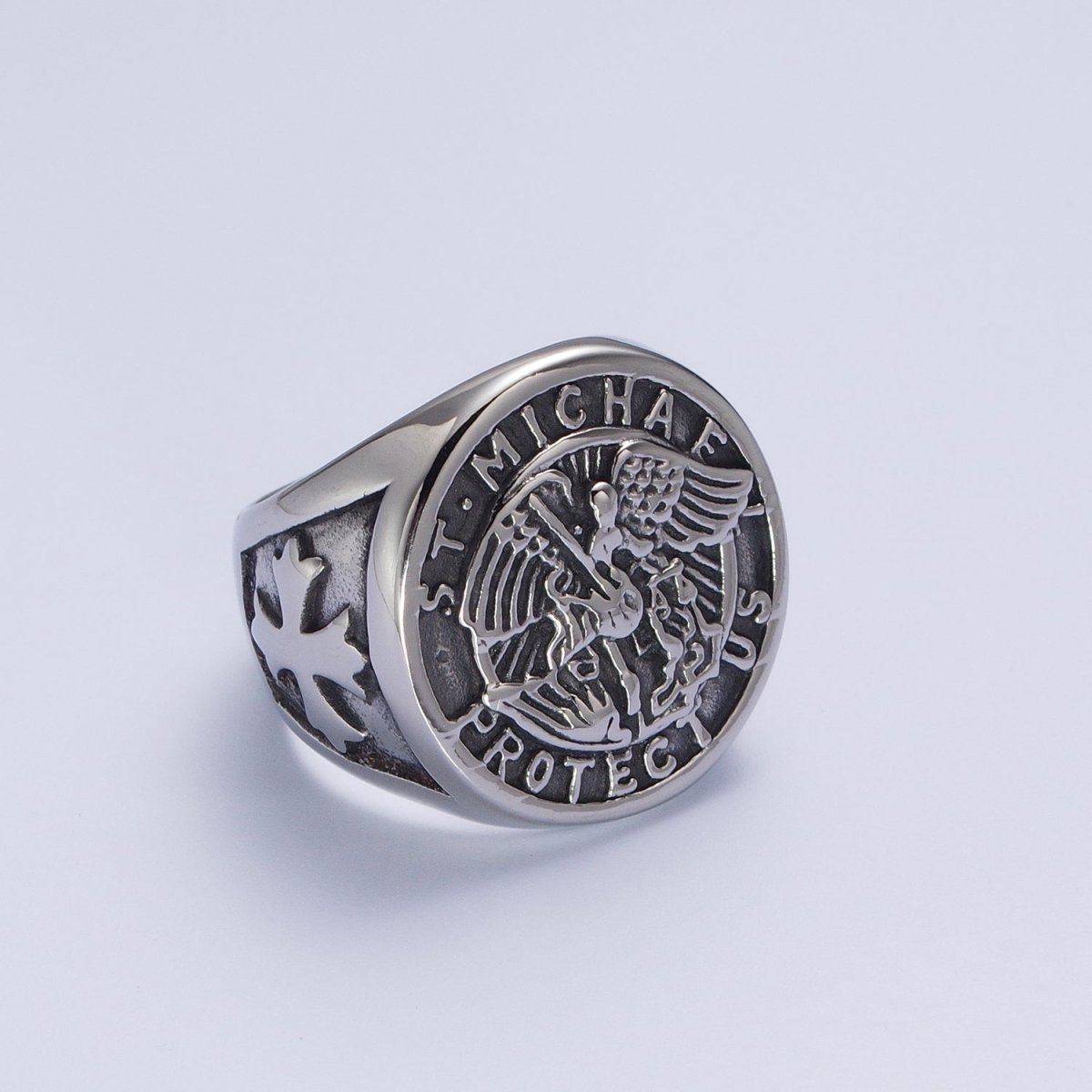 Stainless Steel Saint St. Michael "Protect Us" Religious Silver & Mixed Metal Ring S-325 S-331 U-540 U-539 - DLUXCA