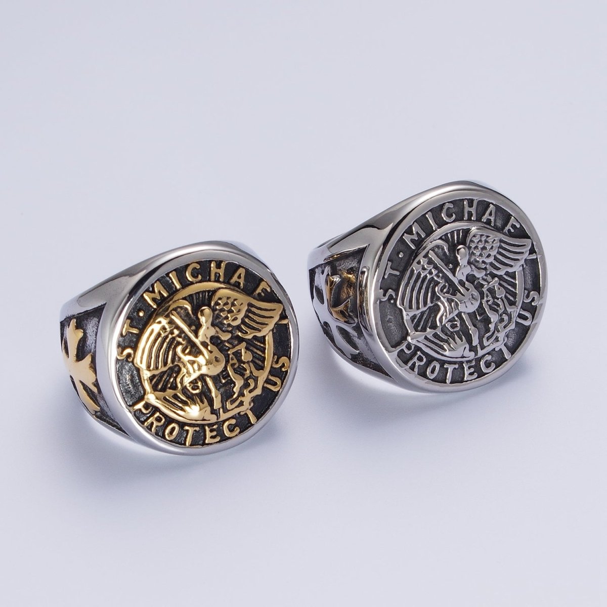 Stainless Steel Saint St. Michael "Protect Us" Religious Silver & Mixed Metal Ring S-325 S-331 U-540 U-539 - DLUXCA