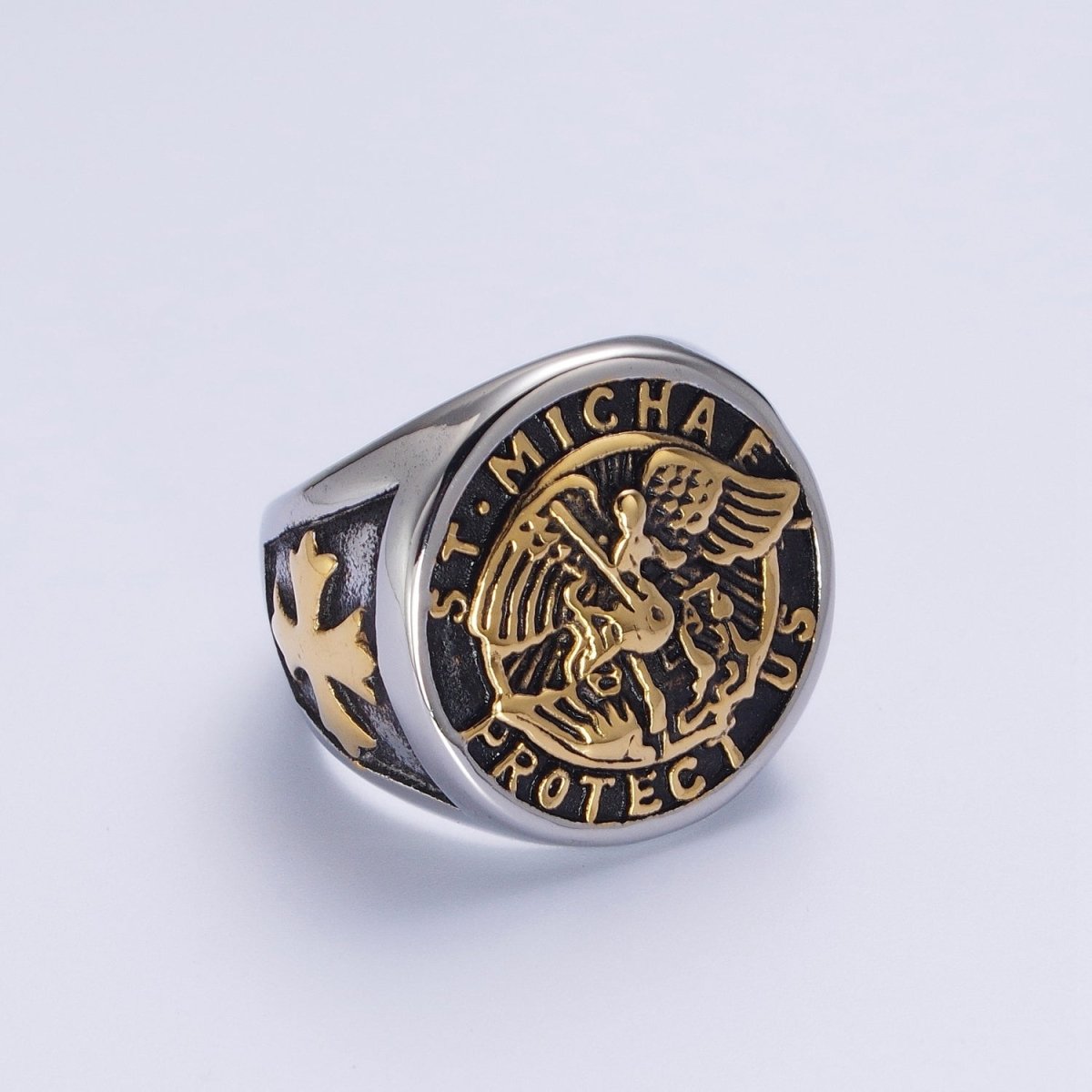Stainless Steel Saint St. Michael "Protect Us" Religious Silver & Mixed Metal Ring S-325 S-331 U-540 U-539 - DLUXCA
