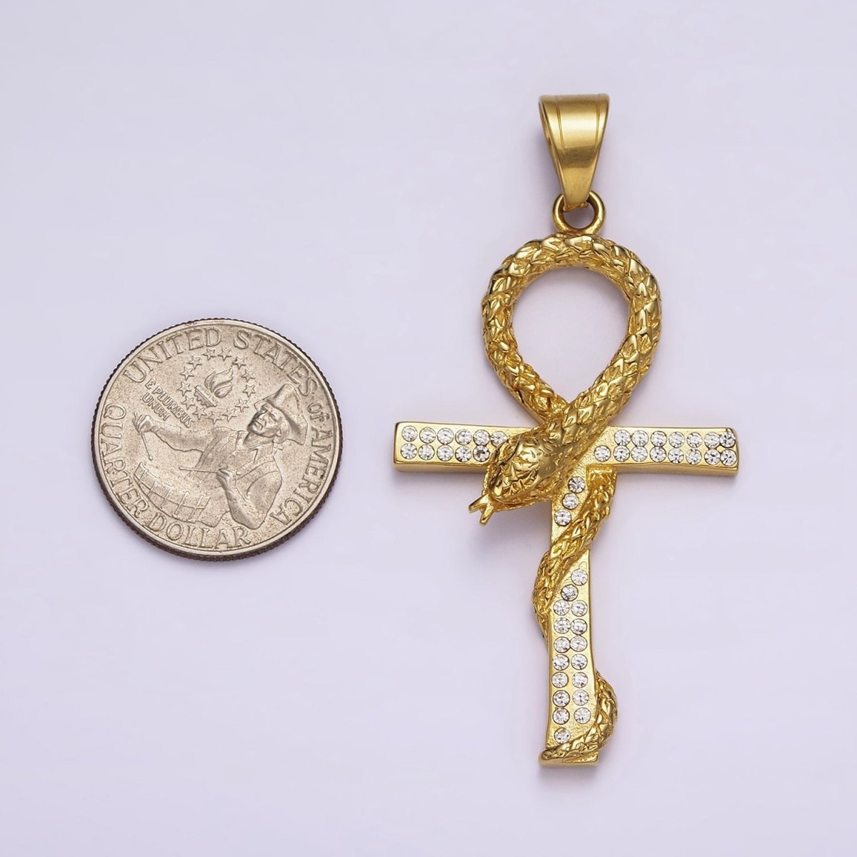 Stainless Steel Scaled Snake Serpent Ankh Egyptian Clear Micro Paved CZ Cross Pendant J-765 - DLUXCA