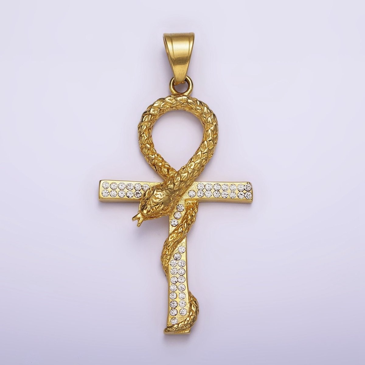 Stainless Steel Scaled Snake Serpent Ankh Egyptian Clear Micro Paved CZ Cross Pendant J-765 - DLUXCA