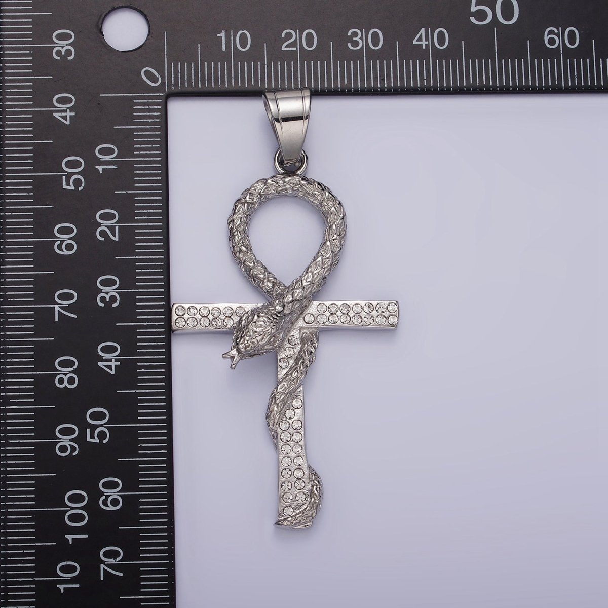 Stainless Steel Scaled Snake Serpent Ankh Egyptian Clear Micro Paved CZ Cross Pendant | P-771 - DLUXCA