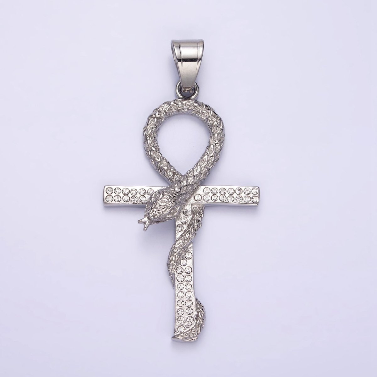 Stainless Steel Scaled Snake Serpent Ankh Egyptian Clear Micro Paved CZ Cross Pendant | P-771 - DLUXCA