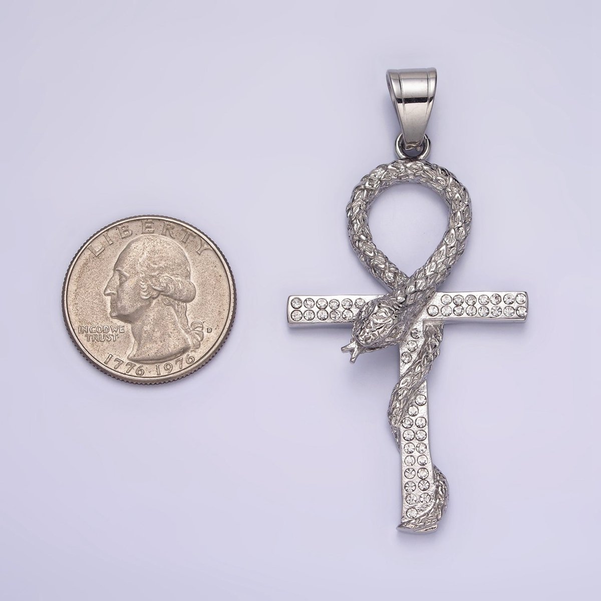Stainless Steel Scaled Snake Serpent Ankh Egyptian Clear Micro Paved CZ Cross Pendant | P-771 - DLUXCA
