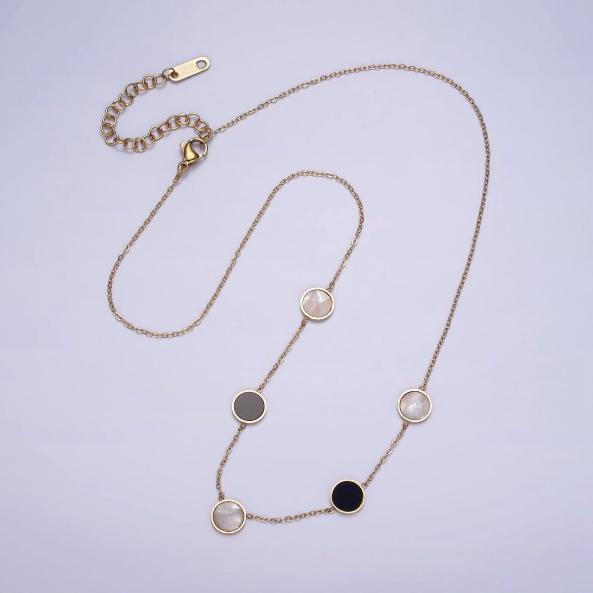 Stainless Steel Shell Pearl Black Round Cable Chain 17 Inch Layering Necklace w. Extender | WA-2032 Clearance Pricing - DLUXCA