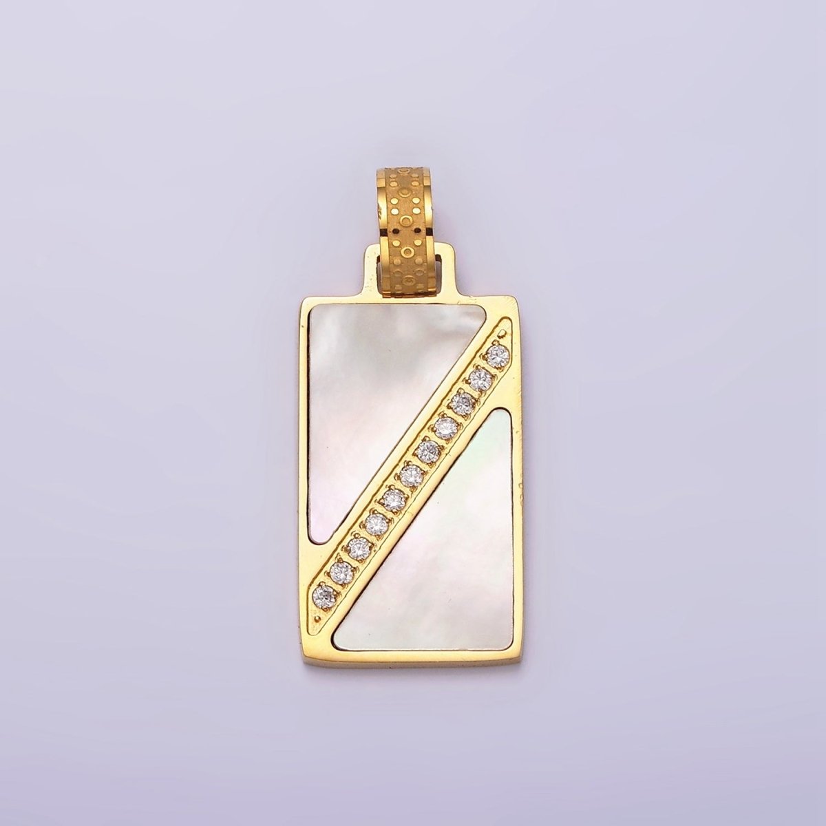 Stainless Steel Shell Pearl Clear Micro Paved CZ Lined Geometric Rectangle Tag Pendant | P-837 - DLUXCA