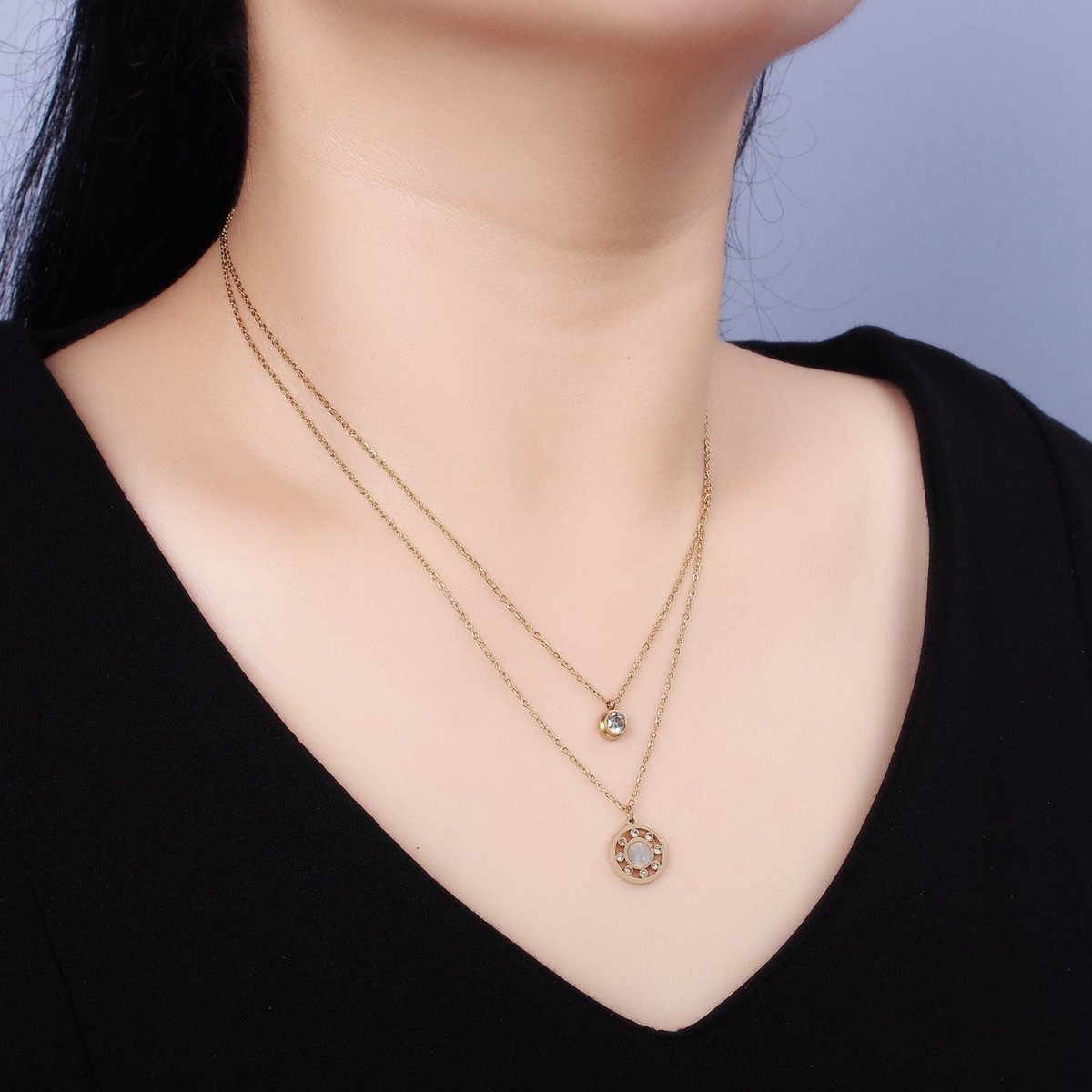 Stainless Steel Shell Pearl CZ Dotted Round 1.2mm Dainty Cable Double Layer Stack Necklace | WA-2028 Clearance Pricing - DLUXCA