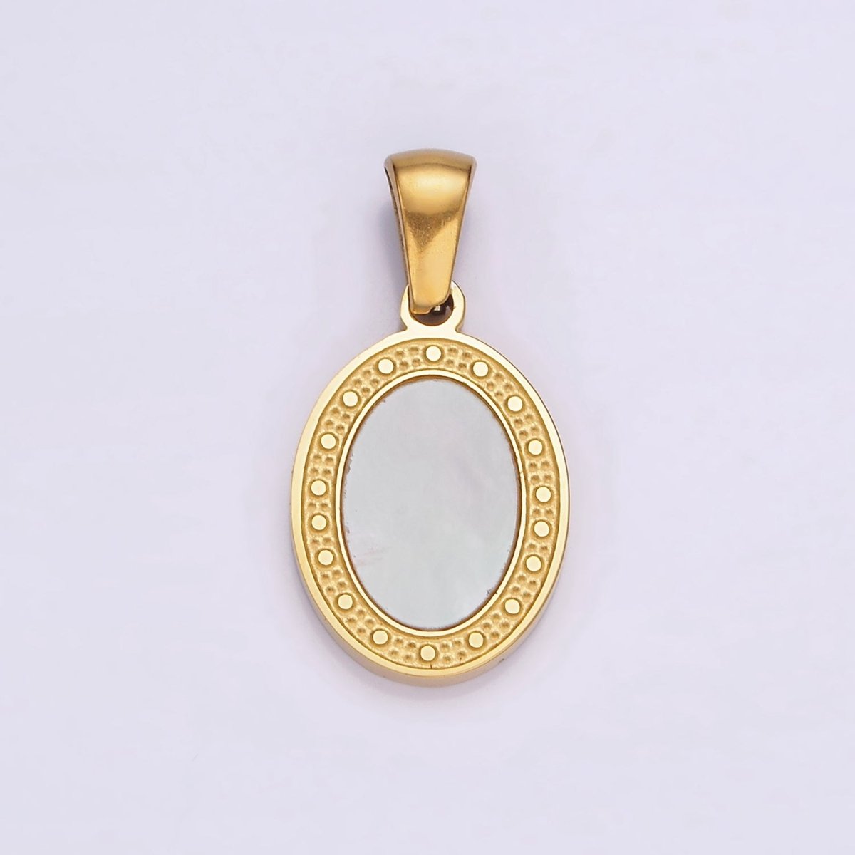 Stainless Steel Shell Pearl Dotted Frame Oval Pendant | P-852 - DLUXCA