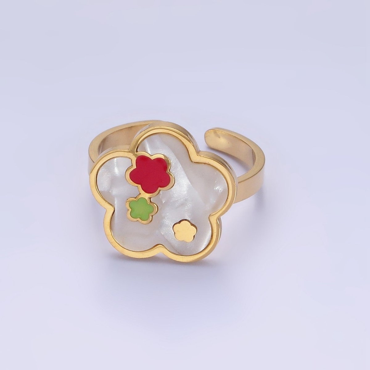 Stainless Steel Shell Pearl Gemstone Flower Bezel Ring | O1289 - DLUXCA