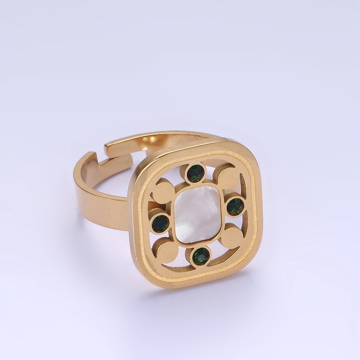 Stainless Steel Shell Pearl Green CZ Open Square Adjustable Ring | O1287 - DLUXCA