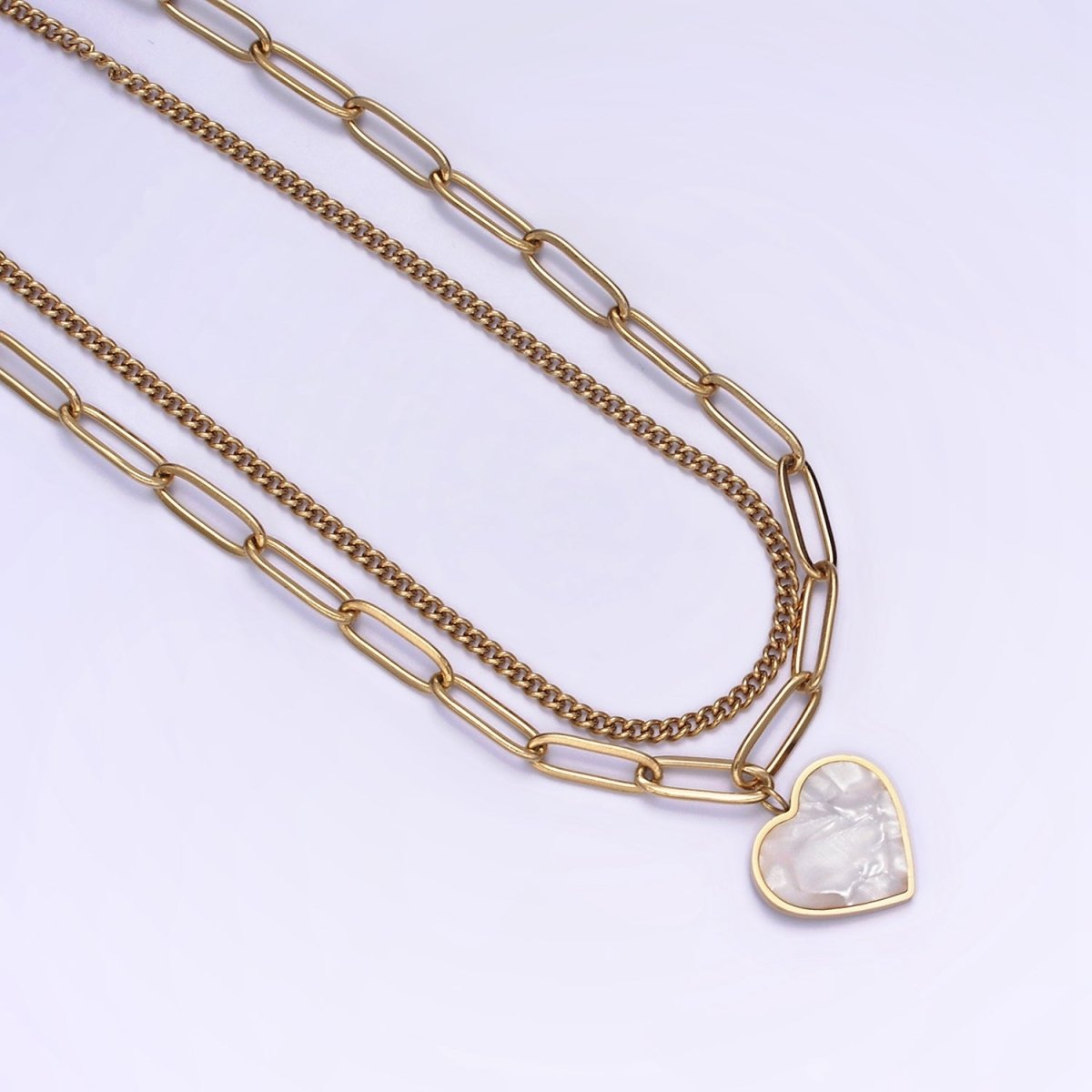 Stainless Steel Shell Pearl Heart Charm Choker Double Layer Chain 15.5 Inch Stack Necklace | WA-2055 Clearance Pricing - DLUXCA