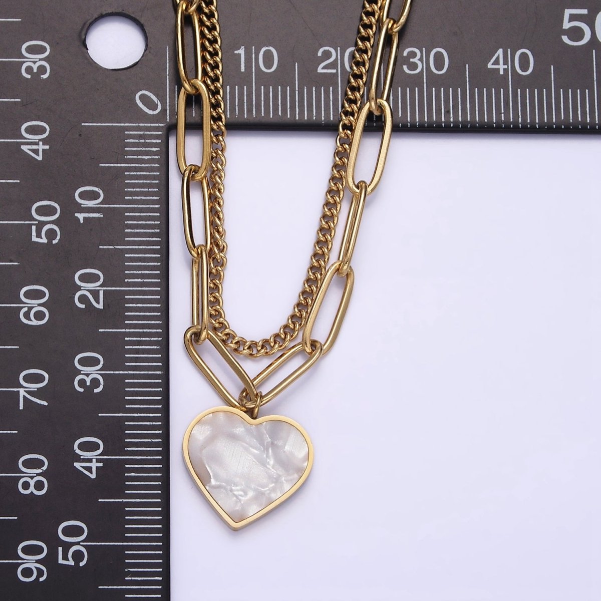 Stainless Steel Shell Pearl Heart Charm Choker Double Layer Chain 15.5 Inch Stack Necklace | WA-2055 Clearance Pricing - DLUXCA