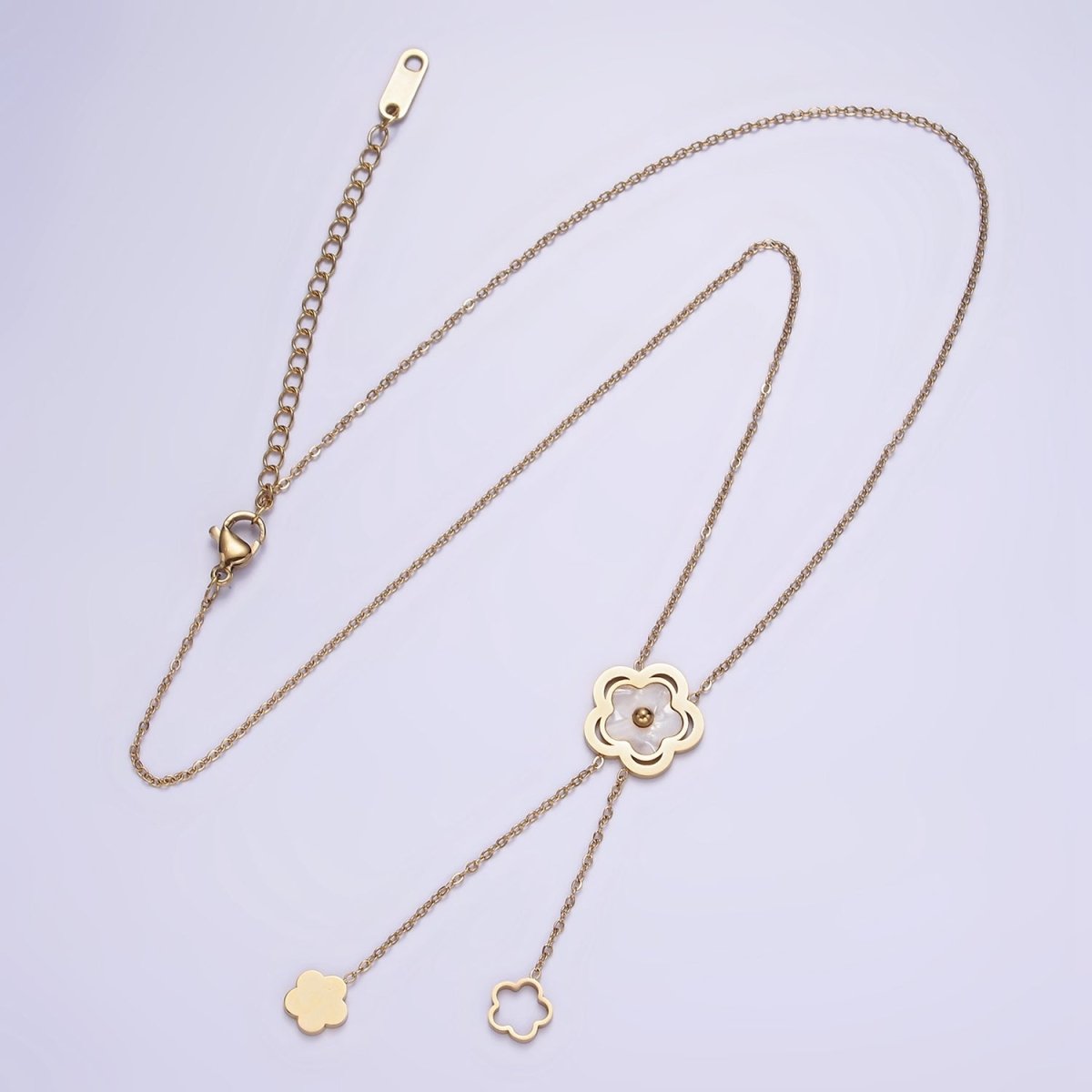 Stainless Steel Shell Pearl Open Flower Double Lariat 17 Inch Chain Necklace | WA-2085 Clearance Pricing - DLUXCA