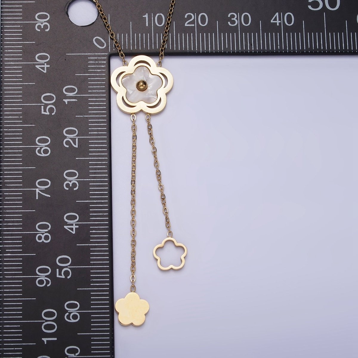 Stainless Steel Shell Pearl Open Flower Double Lariat 17 Inch Chain Necklace | WA-2085 Clearance Pricing - DLUXCA