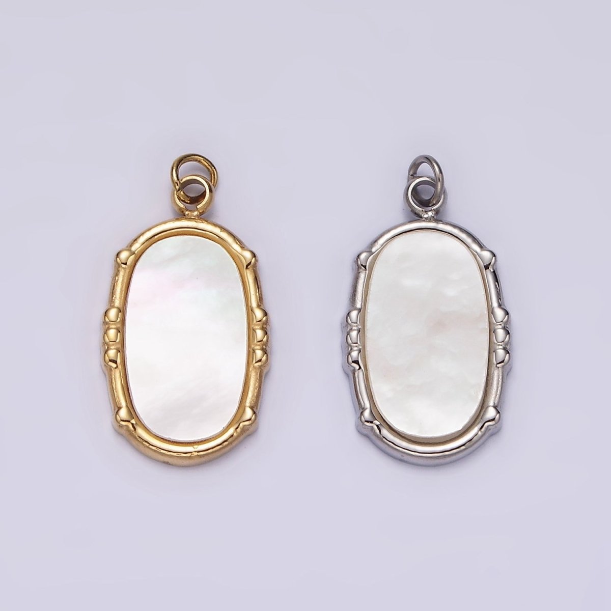 Stainless Steel Shell Pearl Oval Dot Bezel Charm in Gold & Silver | P1318 P1319 - DLUXCA