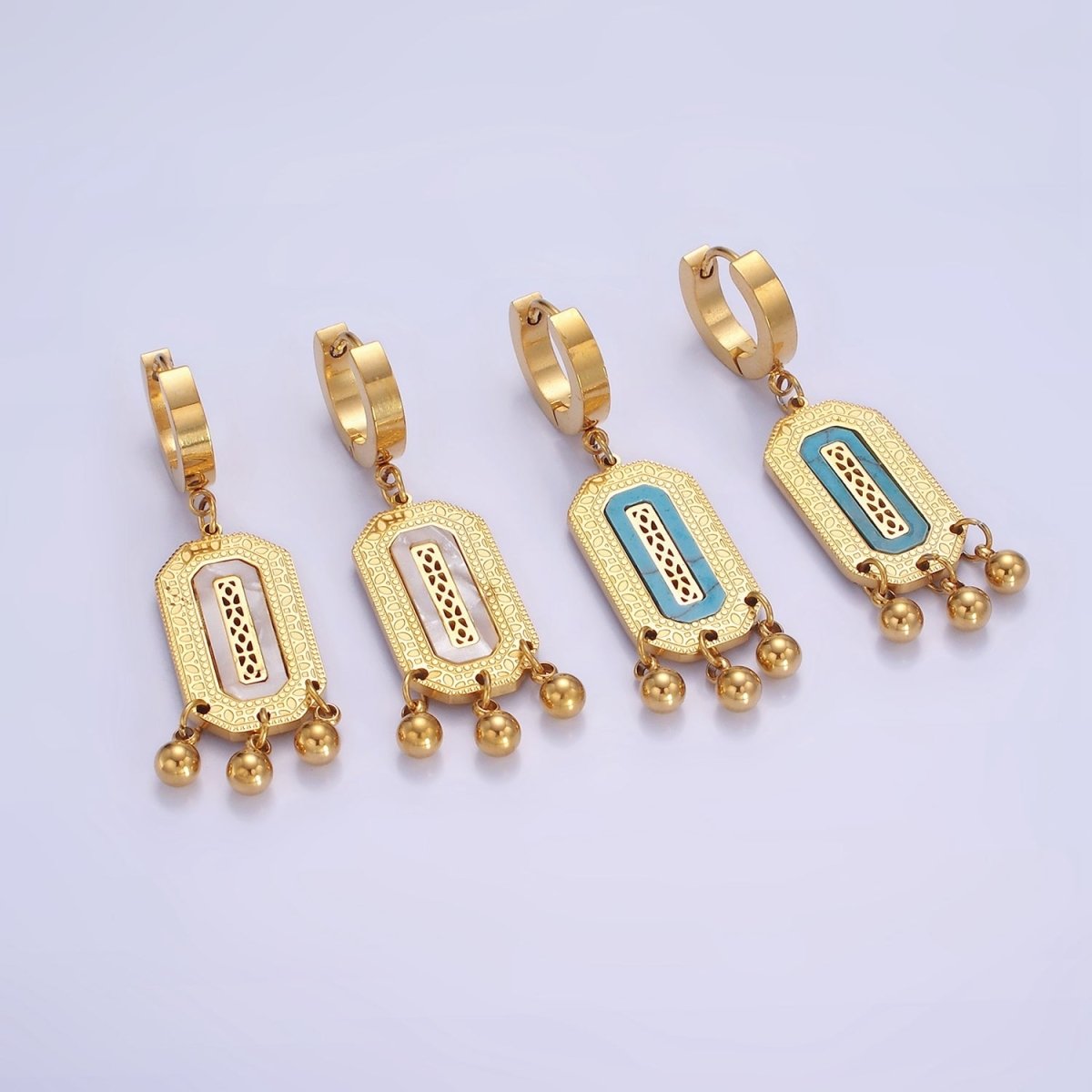 Stainless Steel Shell Pearl, Turquoise Lined Dotted Hexagonal Tag Triple Bead Drop Huggie Earrings | AE471 AE472 - DLUXCA