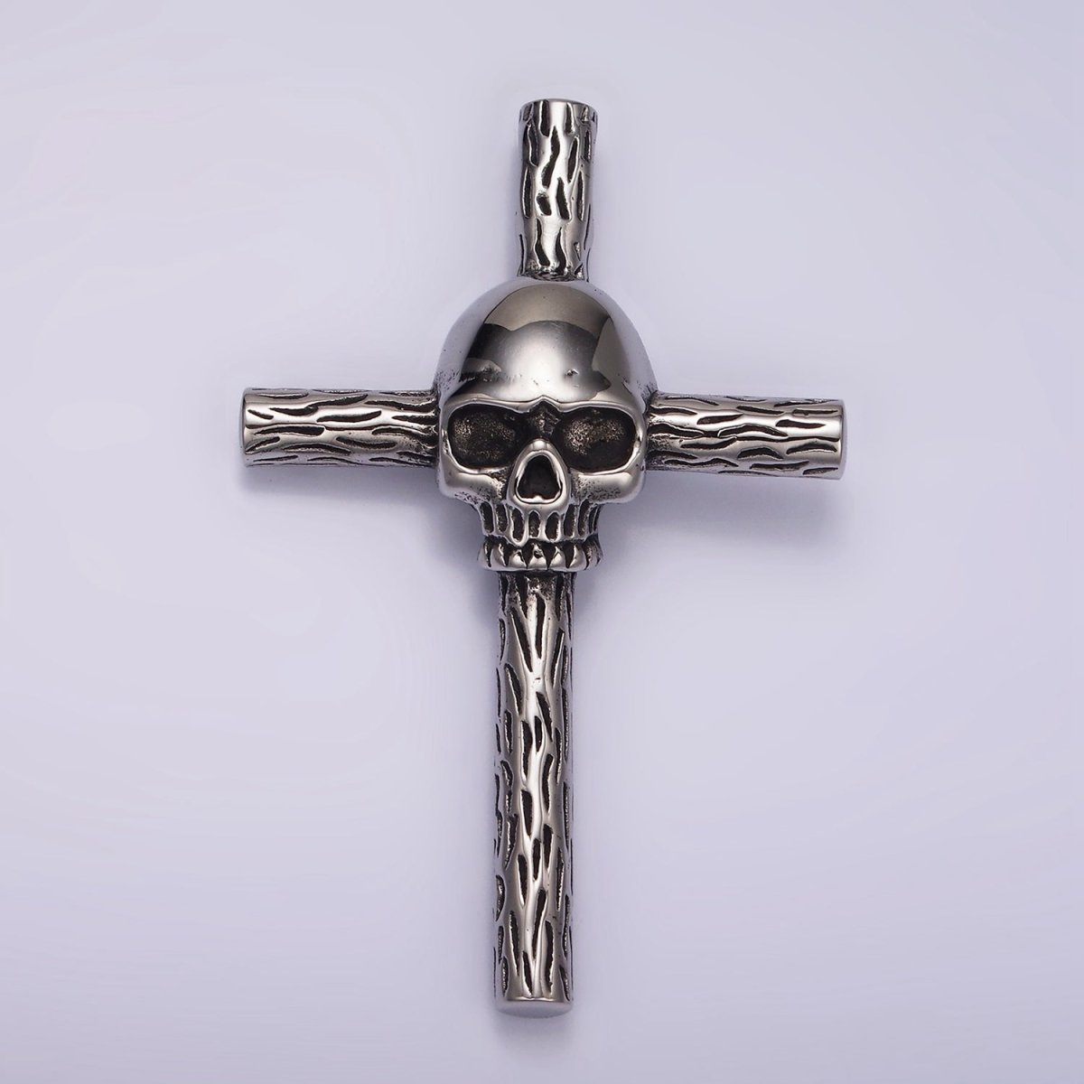 Stainless Steel Skeleton Skull Wood Line-Textured Cross Oxidized Pendant | P1179 - DLUXCA