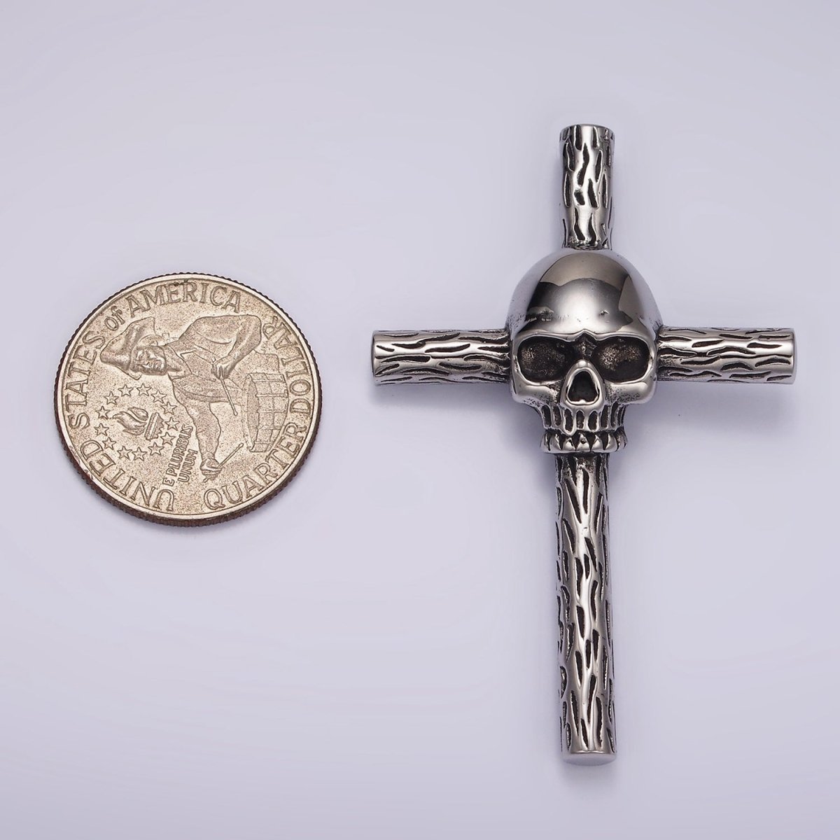 Stainless Steel Skeleton Skull Wood Line-Textured Cross Oxidized Pendant | P1179 - DLUXCA