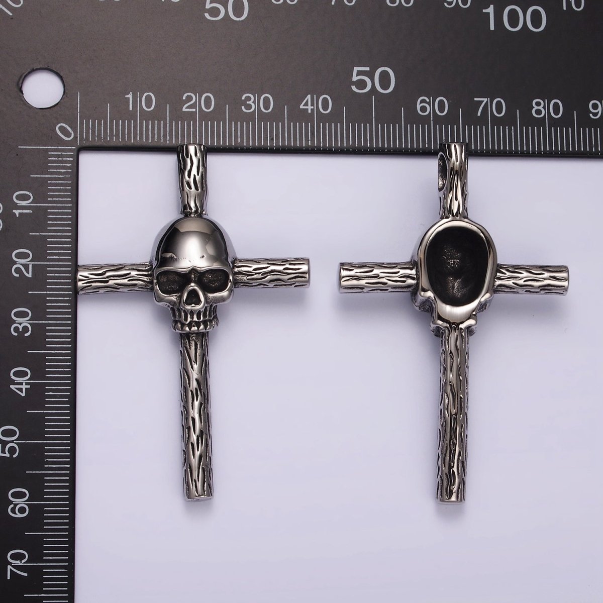 Stainless Steel Skeleton Skull Wood Line-Textured Cross Oxidized Pendant | P1179 - DLUXCA