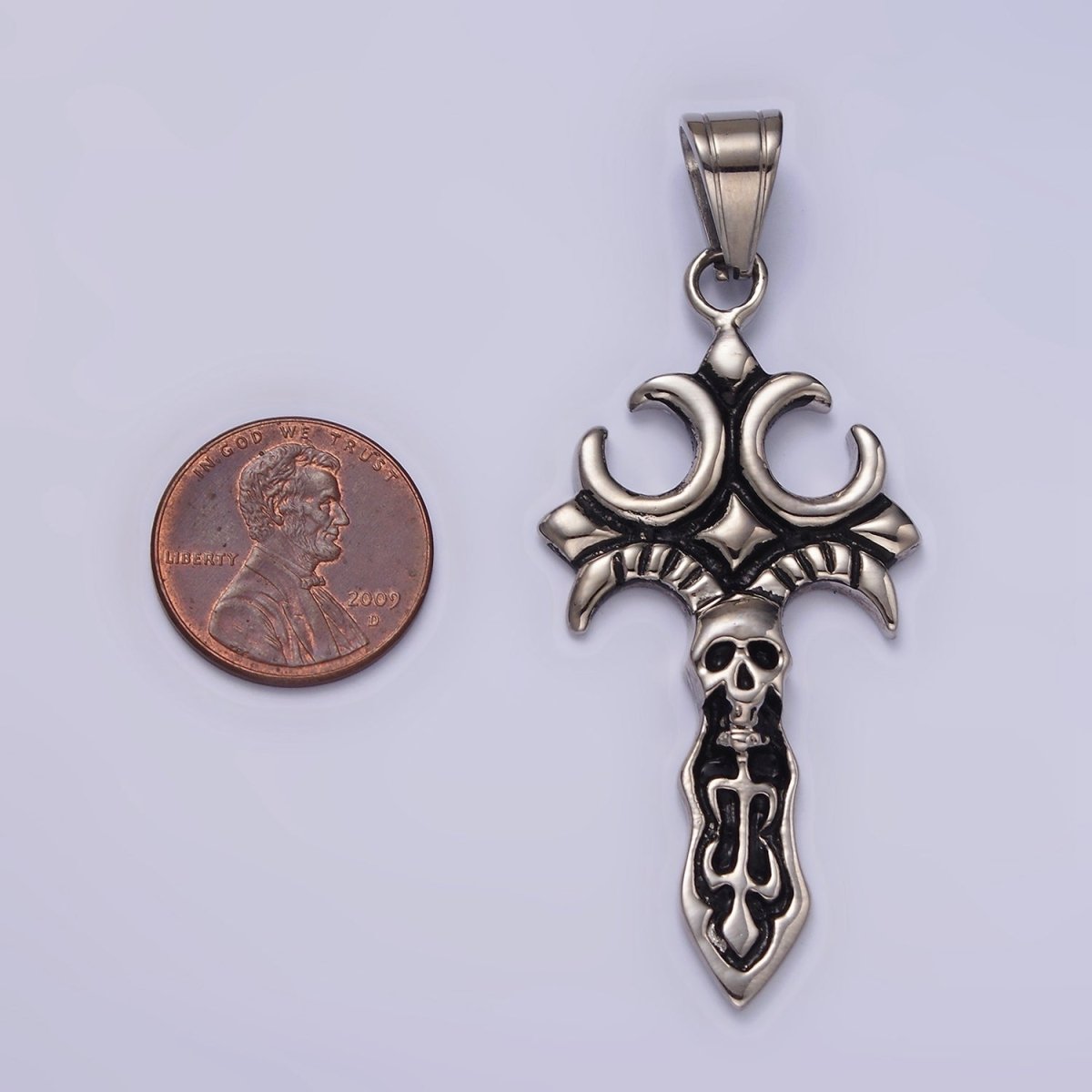 Stainless Steel Skull Skelton Fleury Cross Knife Sword Pendant | P-818 - DLUXCA