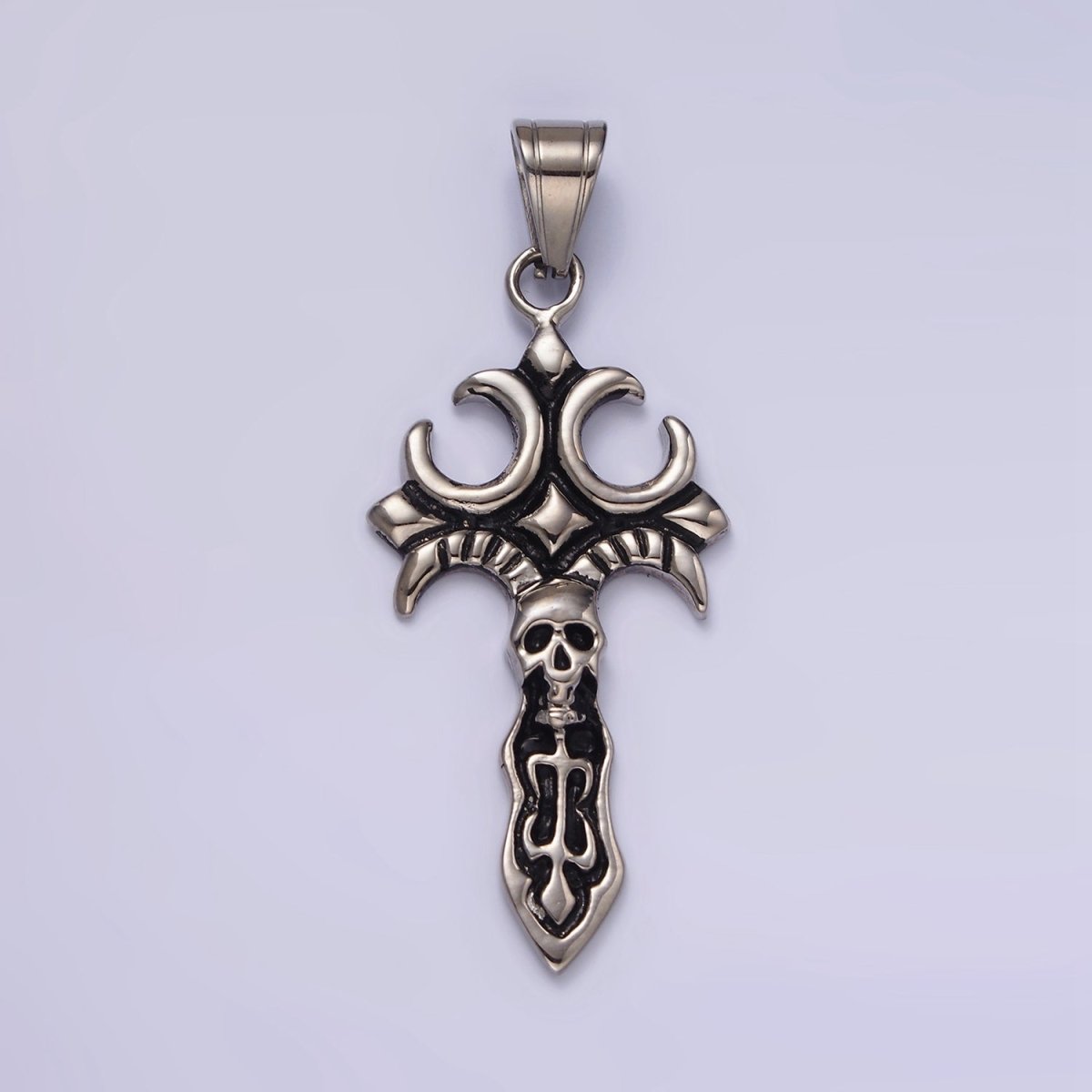 Stainless Steel Skull Skelton Fleury Cross Knife Sword Pendant | P-818 - DLUXCA