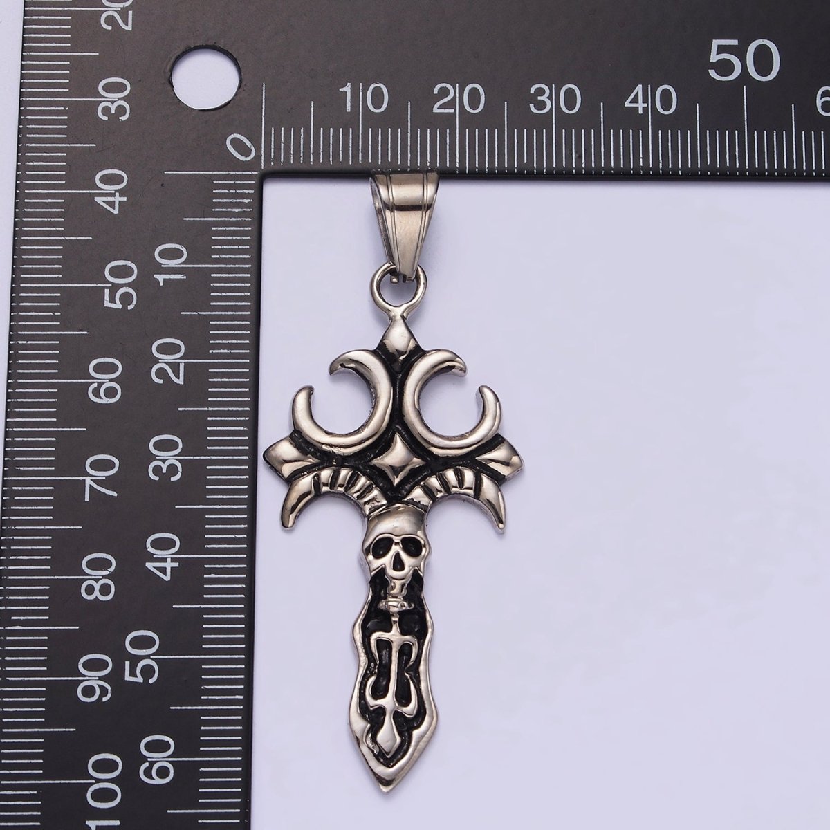 Stainless Steel Skull Skelton Fleury Cross Knife Sword Pendant | P-818 - DLUXCA