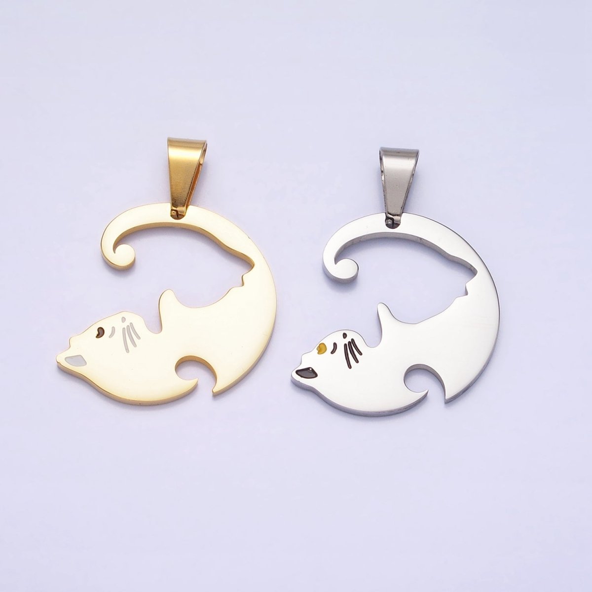 Stainless Steel Sleeping Kitty Cat Couple's Friendship Pendant Set in Gold & Silver | P-1122 - DLUXCA
