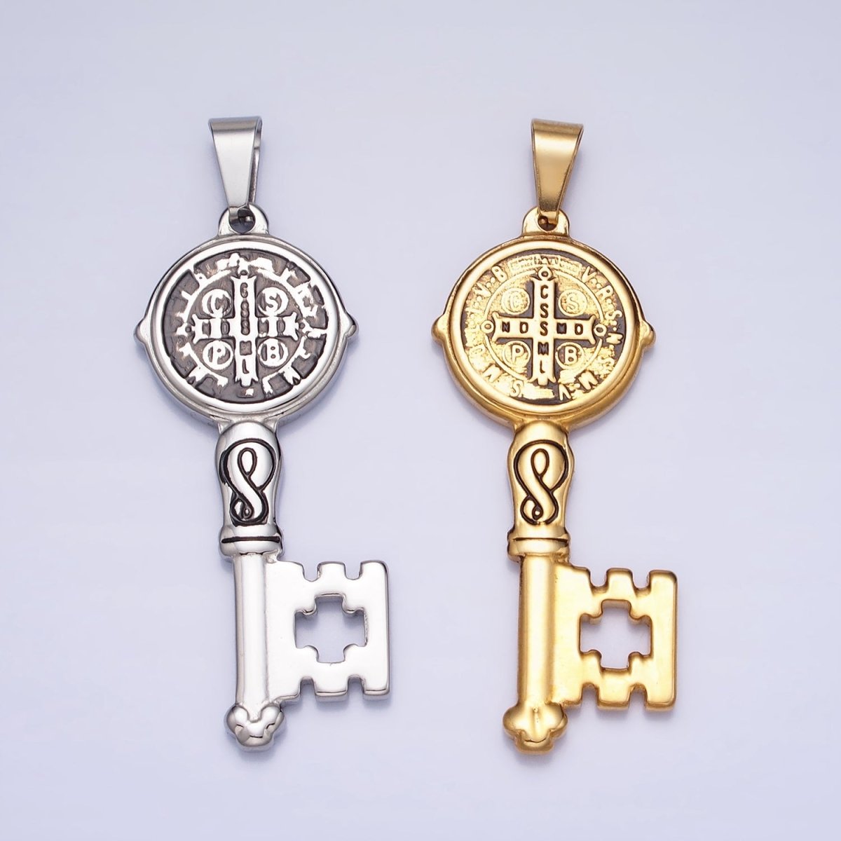 Stainless Steel SMQLIVB PAX VRSNSMV Saint Benedict Double Sided Engraved Key Pendant in Gold & Silver | P-1089 P-1090 - DLUXCA