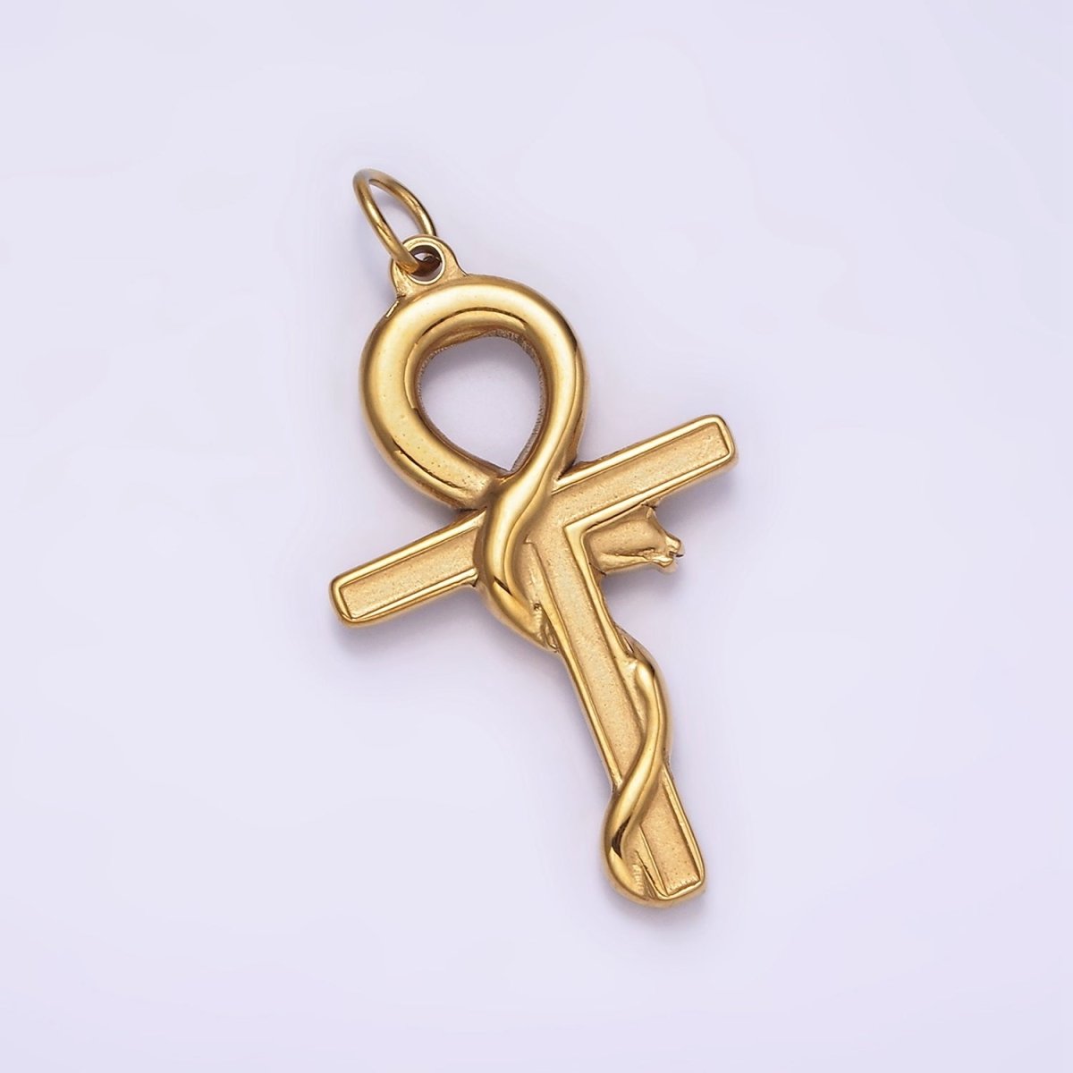 Stainless Steel Snake Serpent Animal Religious Ankh Cross Gold Charm | P1234 - DLUXCA