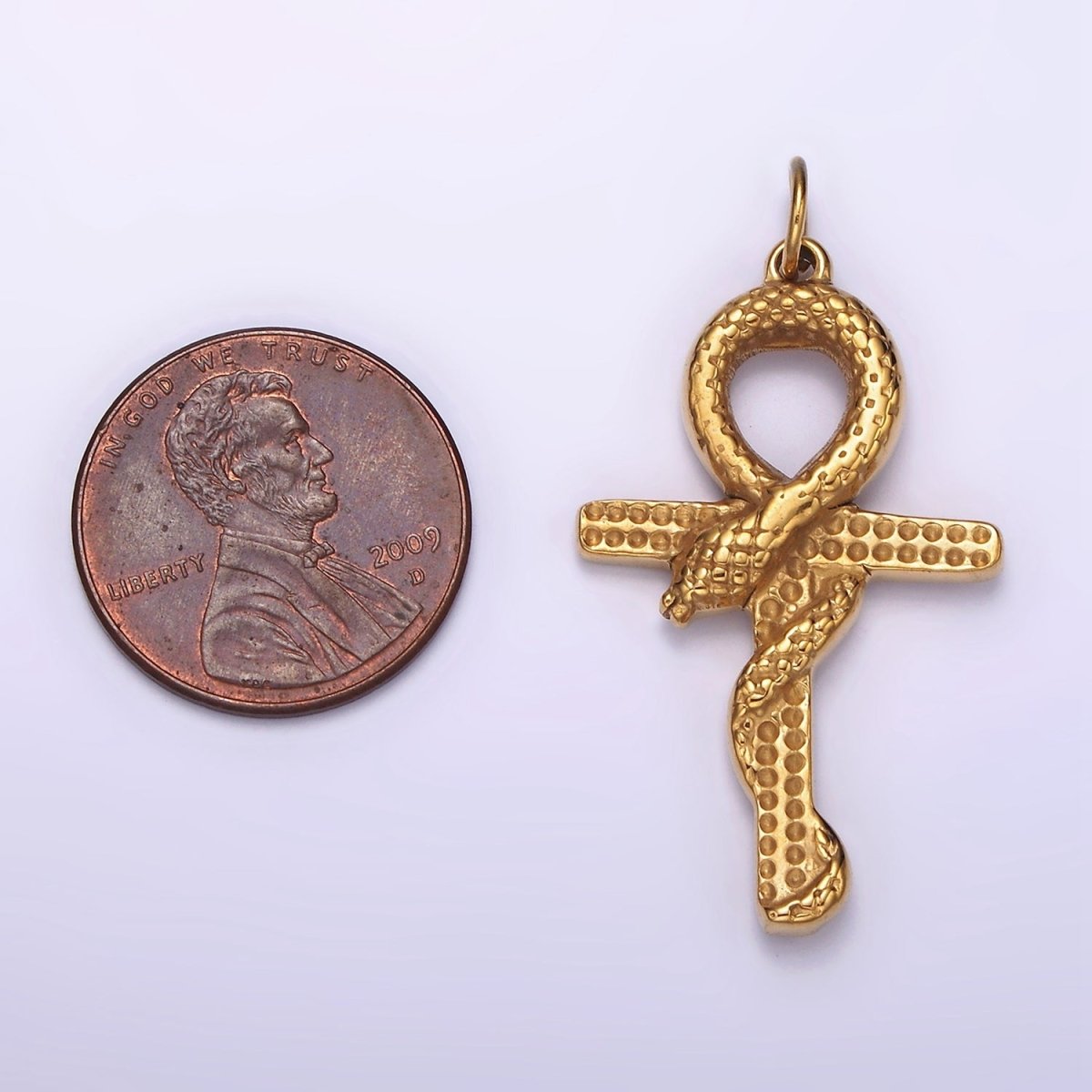 Stainless Steel Snake Serpent Animal Religious Ankh Cross Gold Charm | P1234 - DLUXCA