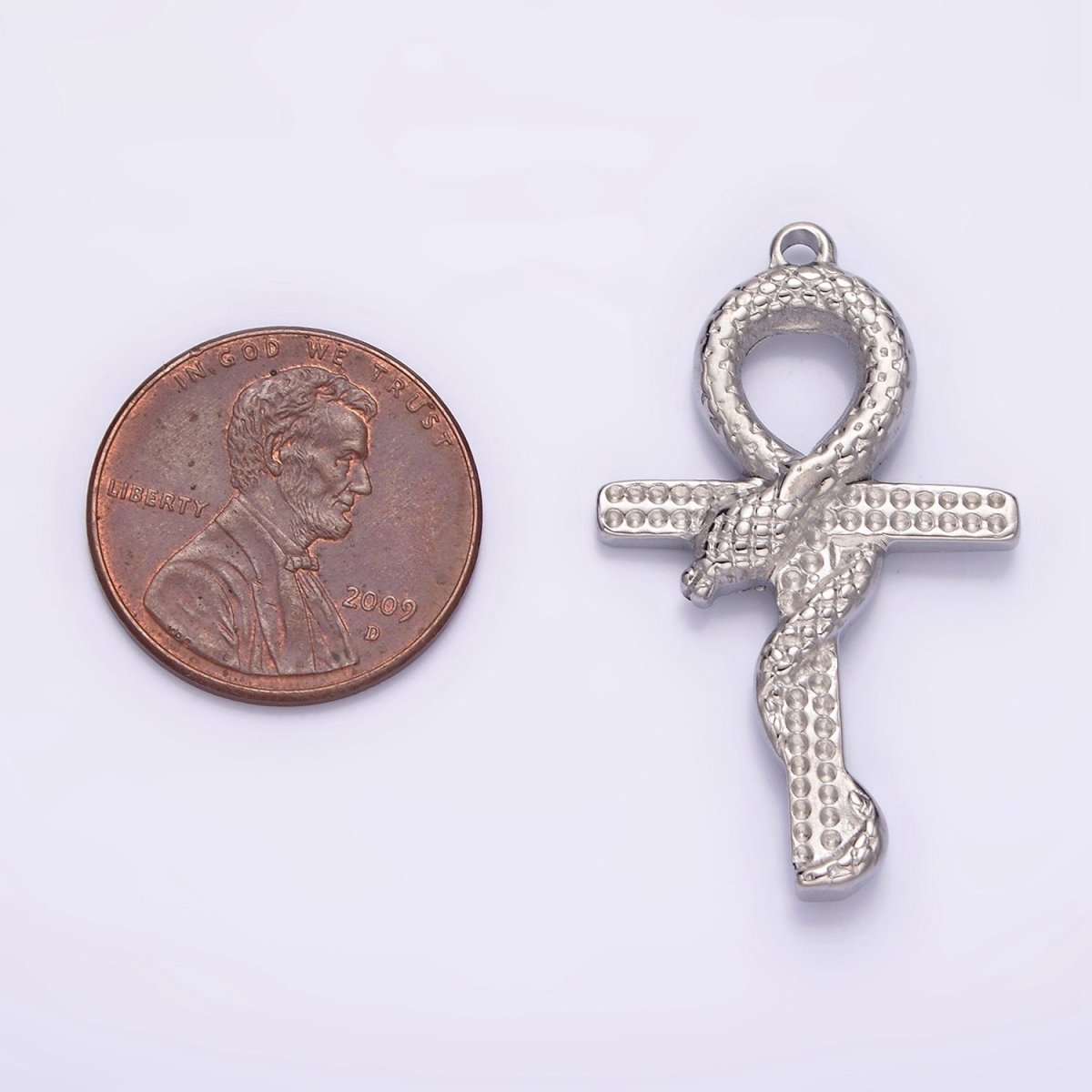 Stainless Steel Snake Serpent Animal Religious Ankh Cross Silver Charm | P1285 - DLUXCA
