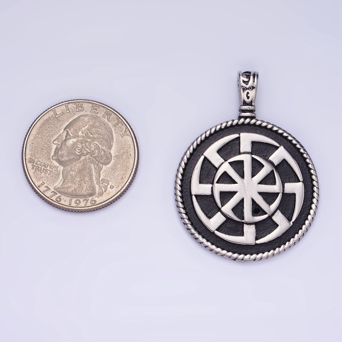 Stainless Steel Spiral Geometric Round Medallion Oxidized Pendant | P1388 - DLUXCA