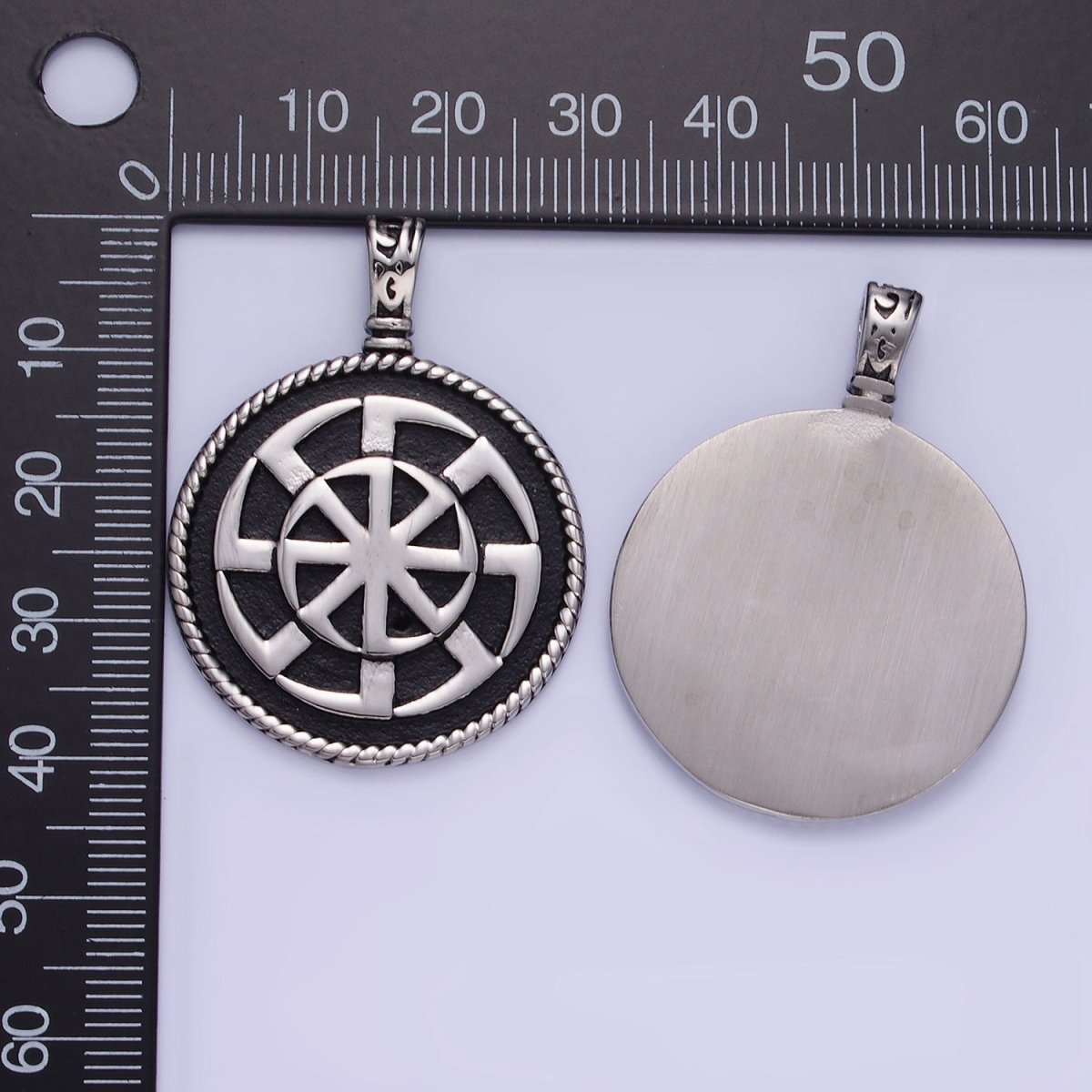 Stainless Steel Spiral Geometric Round Medallion Oxidized Pendant | P1388 - DLUXCA