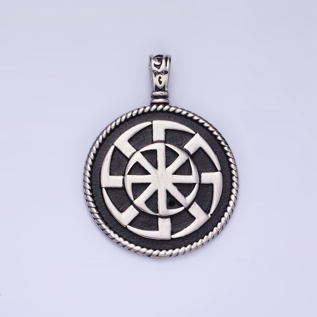 Stainless Steel Spiral Geometric Round Medallion Oxidized Pendant | P1388 - DLUXCA