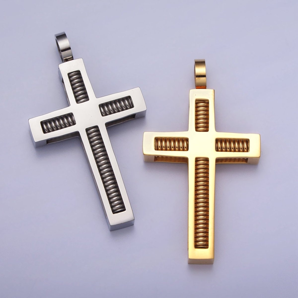 Stainless Steel Spring Coil Textured Latin Cross Pendant in Gold & Silver | P-1097 - DLUXCA