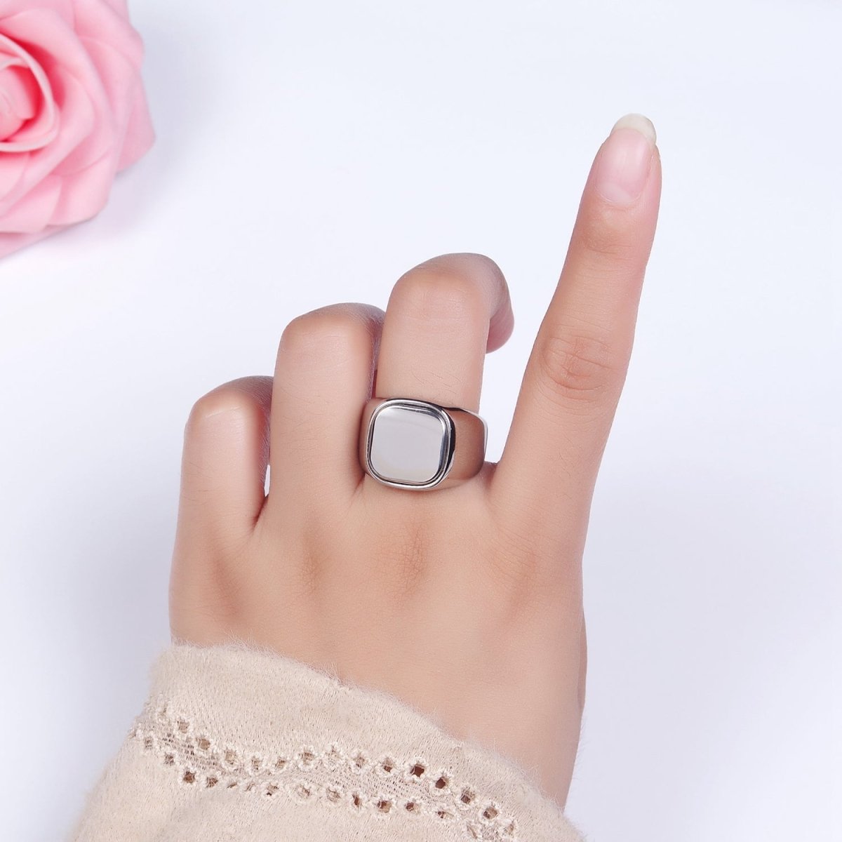 Stainless Steel Square Signet Minimalist Silver Ring | O1125 - O1127 - DLUXCA