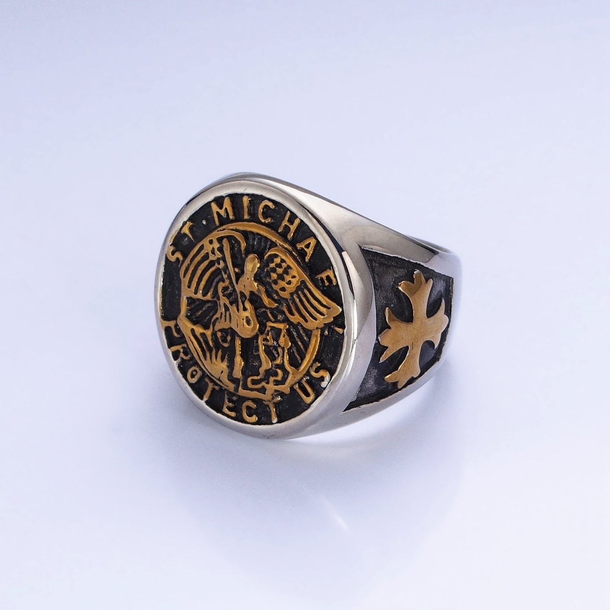 Stainless Steel "St. Michael Protect Us" Script Fleury Cross Round Signet Mixed Metal Ring | O-1853 O-1854 - DLUXCA