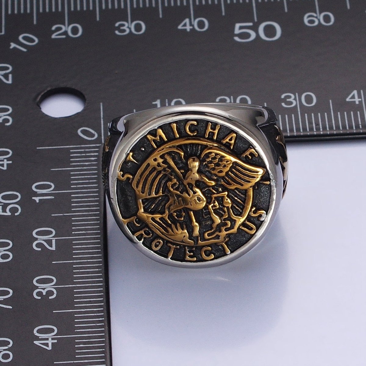 Stainless Steel "St. Michael Protect Us" Script Fleury Cross Round Signet Mixed Metal Ring | O-1853 O-1854 - DLUXCA