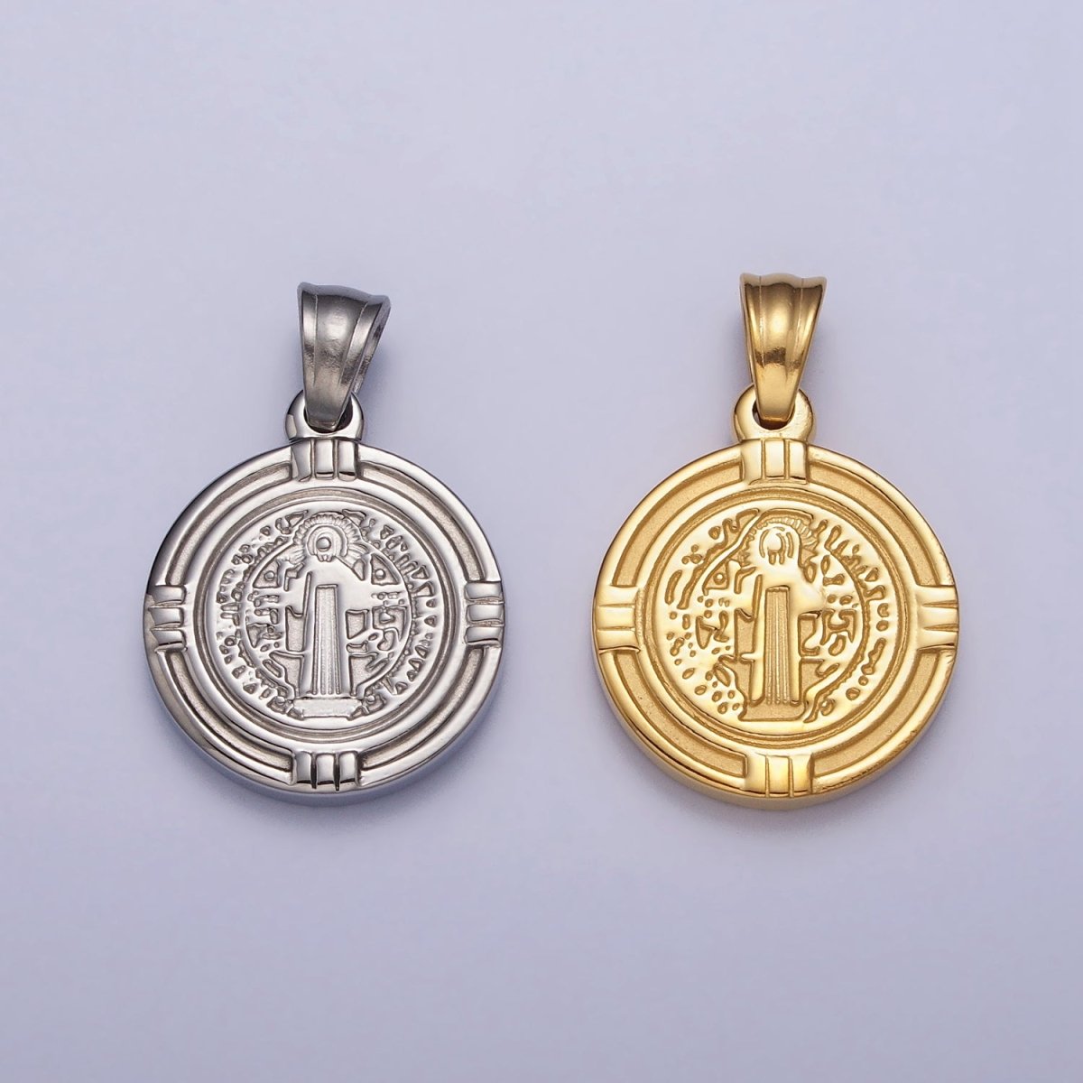 Stainless Steel St. Saint Benedict Double Sided SMQLIVB PAX VRSNSMV Pendant in Gold & Silver | P-1077 - DLUXCA