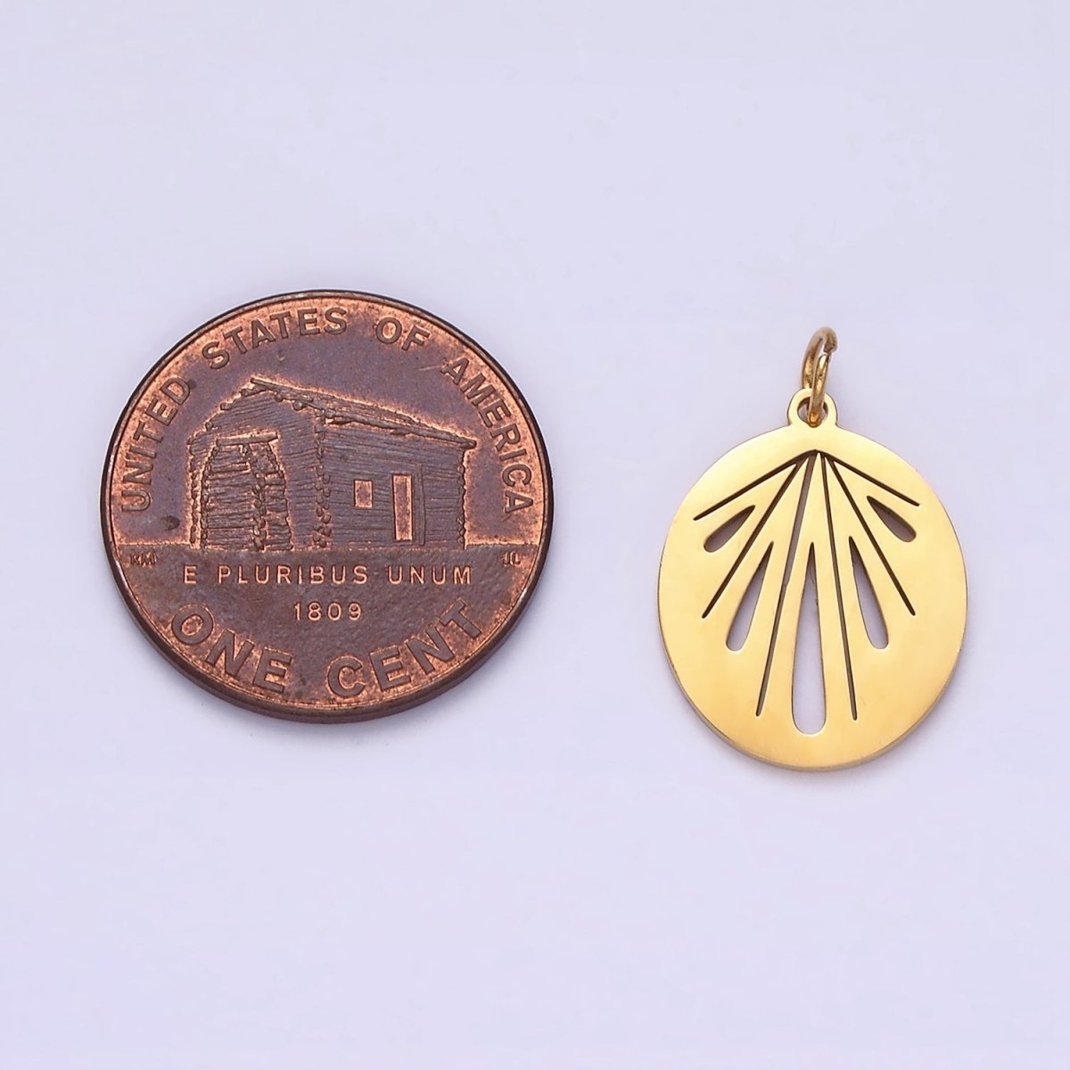 Stainless Steel Sunburst Geometric Teardrop Lined Open Oval Charm | P1359 - DLUXCA